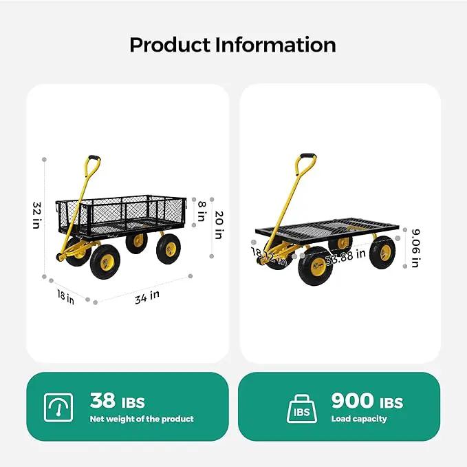 SUNNYFEEL 900 Lbs Capacity Heavy Duty Mesh Steel Garden Cart, Folding Utility Wagon with Removable Sides,10 Inch Flat Free Tires, Black & Yellow
