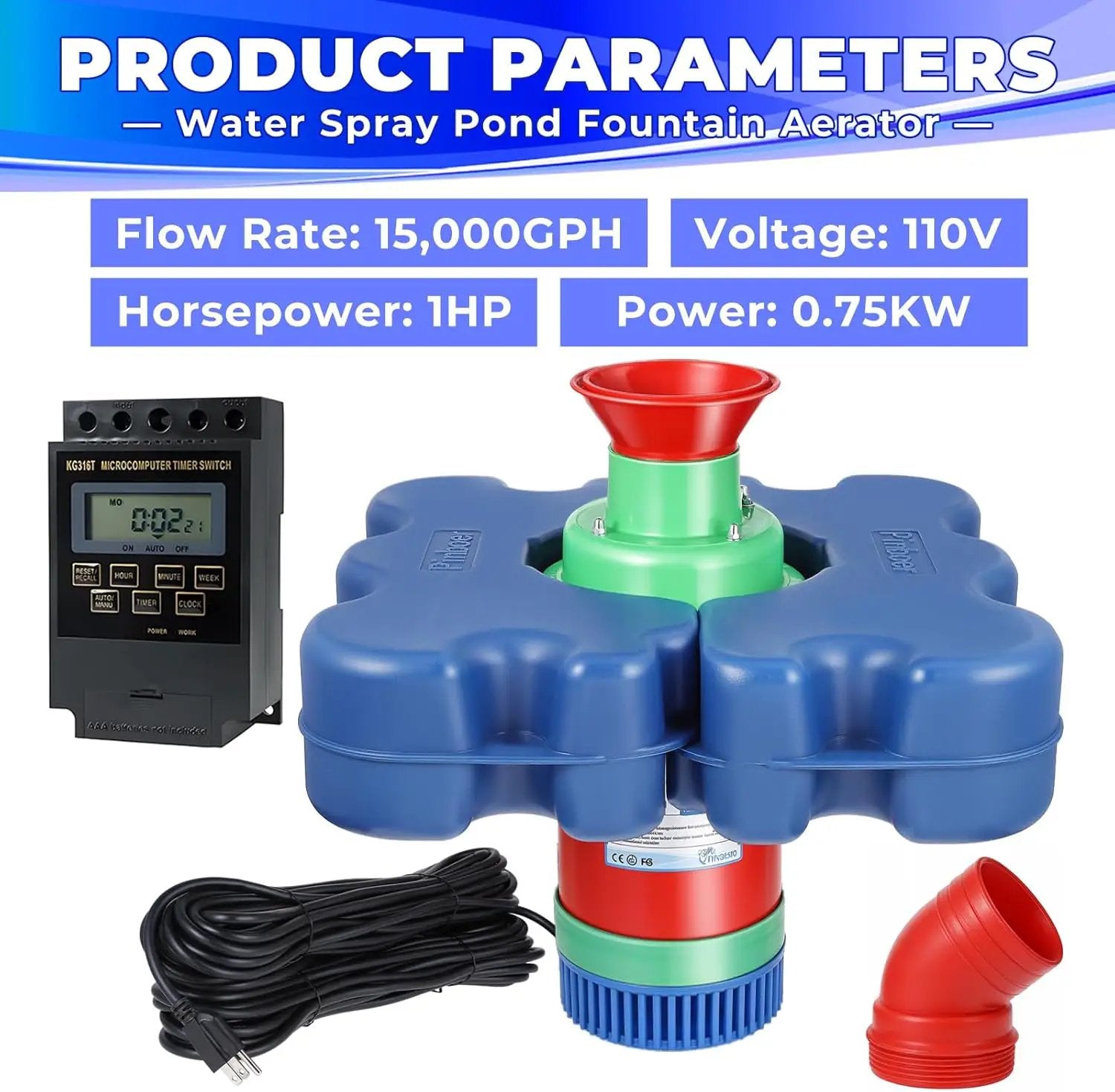 Pond Fountain Aerator with Time Controller-15000 GPH,110V 1HP 750W Floating Fountain Aeration System for Large and Small Ponds,Aerator Water Pump for Outdoor Ponds & Lakes with 15A/100FT Power Cord by GreenHaven Gardens