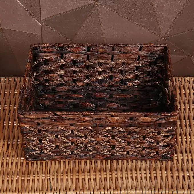 Rectangular Woven Water Hyacinth Basket,Dark Storage Basket With Inside Handle Shelves Kitchen Office Desk (Small) by GreenHaven Gardens