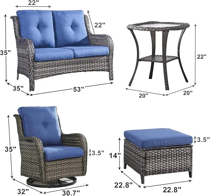 Outdoor Wicker Patio Furniture Set - 6 Piece Rattan Patio Conversation Set with 2 Rocking Swivel Chairs,2 Ottomans,1 Loveseat and 1 Side Table for Porch Deck Backyard Garden(Mixed Grey/Blue) by GreenHaven Gardens