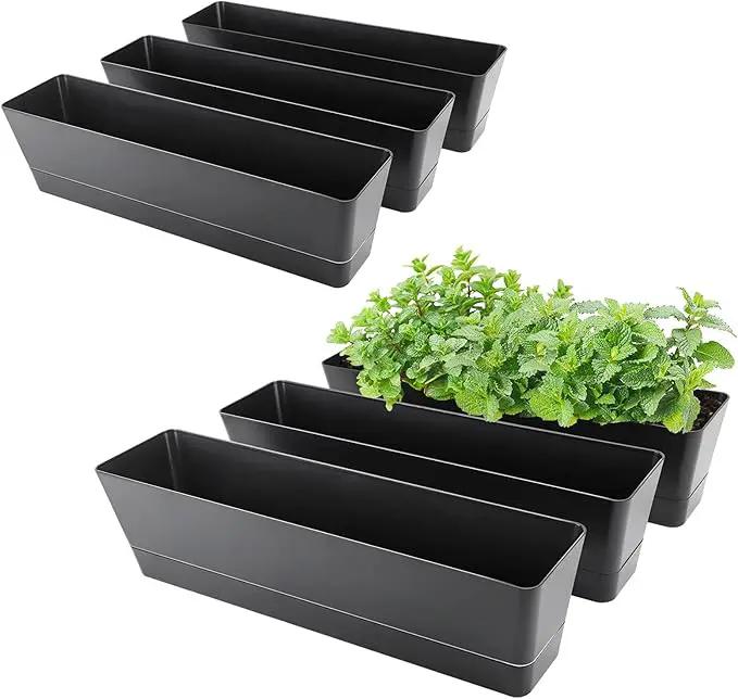 GREANER Rectangle Window Boxes, 6PCS 16x3.8 Inch Black Herb Planters with RemovableTray and Drainage Hole, Succulent Flowers Plastic Pot for Balcony, Office, Windowsill, Garden, Outdoor Decoration Use by GreenHaven Gardens