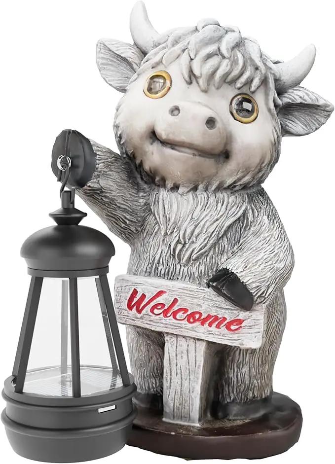 Highland Cow Statues with Solar Lights, Highland Cow Resin Figurine Lights, Highland Cow Ornaments for Patio, Balcony, Indoor Decoration and as Gifts by GreenHaven Gardens
