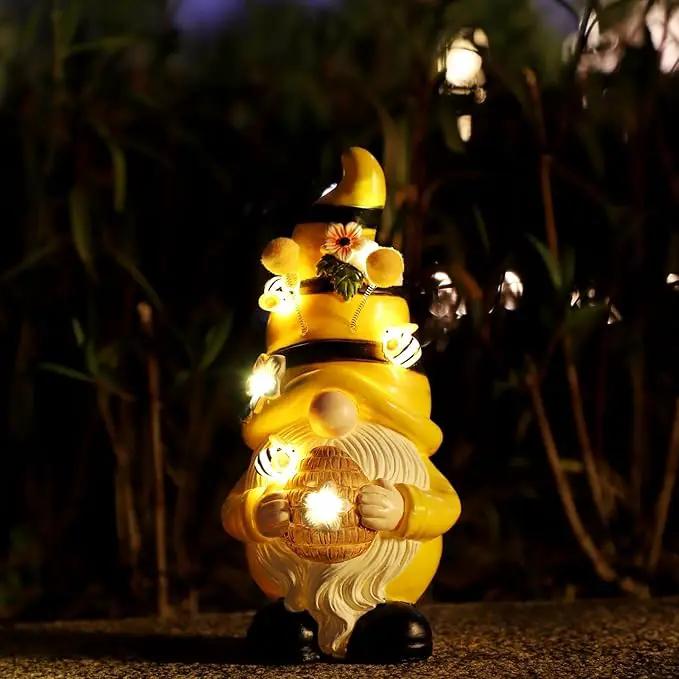 Garden Figurines Gnome Statue Decorations - Solar Resin Spring Bee Gnome Figurine Solar Garden Lights Outdoor Decorations Waterproof for Patio,Yard,Lawn, by GreenHaven Gardens
