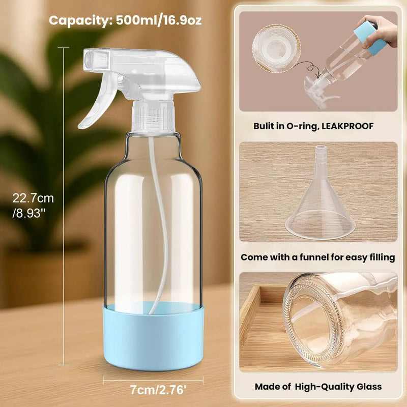 Glass Spray Bottles with Silicone Sleeve 16.9oz 2 Pack Empty Spray Bottle for Hair Mist/Stream Spraying for Cleaning Solutions, Plants, Essential Oils (clear-qblue&grey) by GreenHaven Gardens