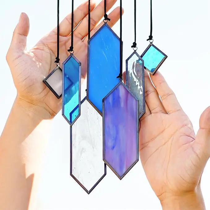HDCRYSTALGIFTS Stained Glass Window Hanging Suncatchers - 7 Pieces Handcrafted Element Earth Tones Set,Modern Blue Wall Art Sun Catchers Indoor Window Glass Decor Gifts for Mom,Grandma by GreenHaven Gardens