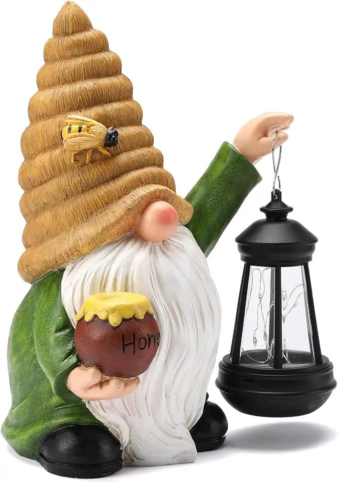 12.3''Solar Garden Gnome Outdoor Decor Honey Bee jar Gnome Statue with LED Lantern Fall Patio Yard Art Decoration Christmas Gardening Birthday Gifts for Women Mom, Honey Bee Gnome by GreenHaven Gardens