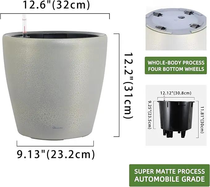 Dexceder 13x12 Self Watering Planter with Wheels Indoor Outdoor, Inner Pot Design, Thickened Large Floor Standing Flower Plant Pot with Water Level Indicator (Grey Gold Crackle) by GreenHaven Gardens