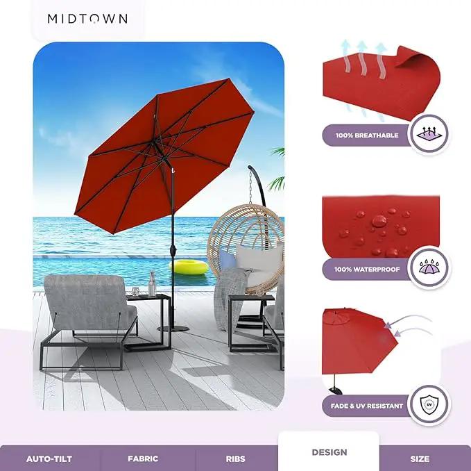 Midtown Umbrellas Sunbrella Umbrella 9 Feet Outdoor Umbrella With Red Acrylic Fabric - Auto-Tilt Aluminum Frame Patio Umbrella For Backyard, Deck, Garden, Pool - Black Pole by GreenHaven Gardens