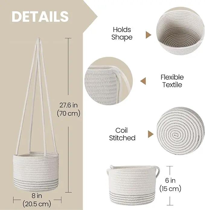 Flexzion Hanging Plant Basket Boho Cotton Rope Basket Indoor Hanging Planter, Up to 7" Flower Pot, Macrame Woven Modern Plant Holder, Storage Bin Organizer, Home Decor with 20" Hanging Rope, White by GreenHaven Gardens