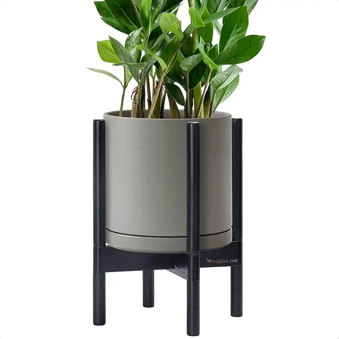 D'vine Dev Ceramic Planter with Ebony Stand - 10 Inch Modern Round Flower Pot with Wood Planter Holder, Grey, 55-B-L-3