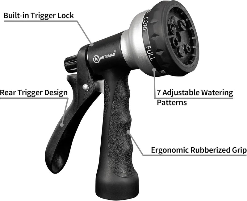 AUTOMAN-Garden-Hose-Nozzle, ABS Water Spray Nozzle, 7 Adjustable Watering Patterns, Slip Resistant for Watering Plants, Lawn& Garden, Washing Cars, Cleaning, Showering Pets & Outdoor Fun.Silver Color by GreenHaven Gardens