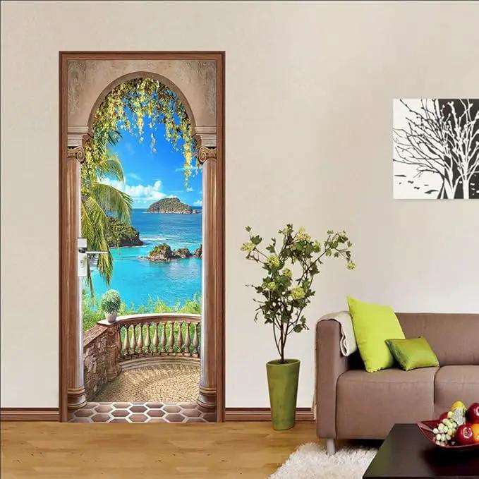 3D Door Stickers Murals - Landscape - Peel and Stick - Waterproof & Washable - Matt Finish - Tropical Beach - 31.5" x 78.7" - 2 PARTS by GreenHaven Gardens