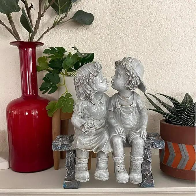 Lily's Home First Kiss Resin Garden Statue, Little Girl and Boy Kissing Yard Miniature Figurine,Small and Exquisite, 9 Inch by GreenHaven Gardens