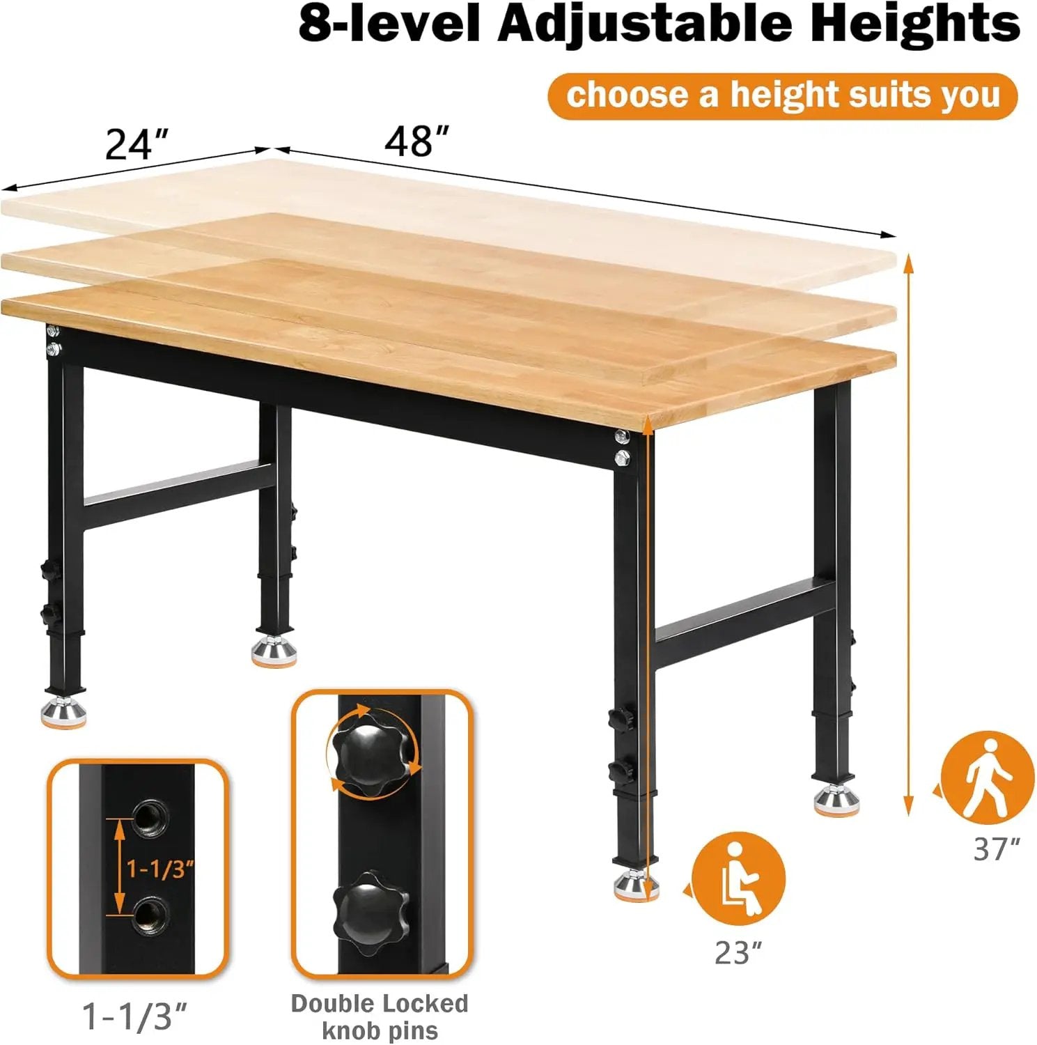 48" Heavy-Duty Adjustable Workbench for Garage, Rubber Wood Shop Table W/Rubber Pads, Hardwood Workstation Weight Capacity Over 2000 Lbs by GreenHaven Gardens