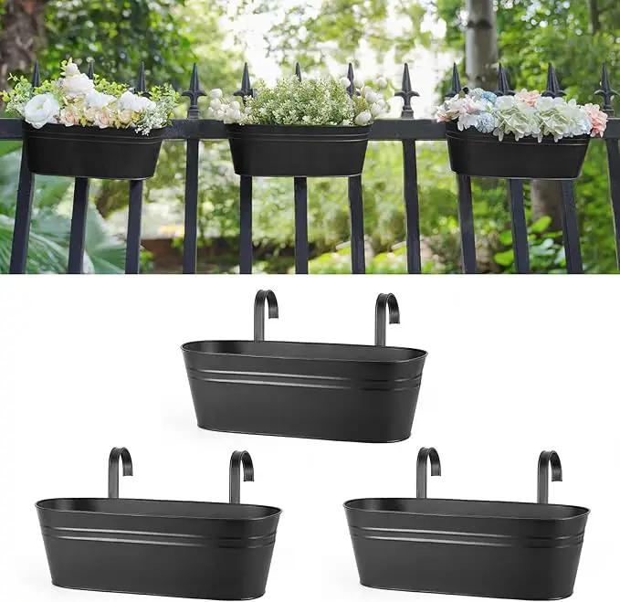 Dahey 3 Pcs Metal Hanging Flower Pots for Railing Fence Outdoor Planter 15.7 Inch Hanging Bucket Pots Countryside Window Flower Plant Holder with Detachable Hooks for Garden Yard Home Decor,Black by GreenHaven Gardens