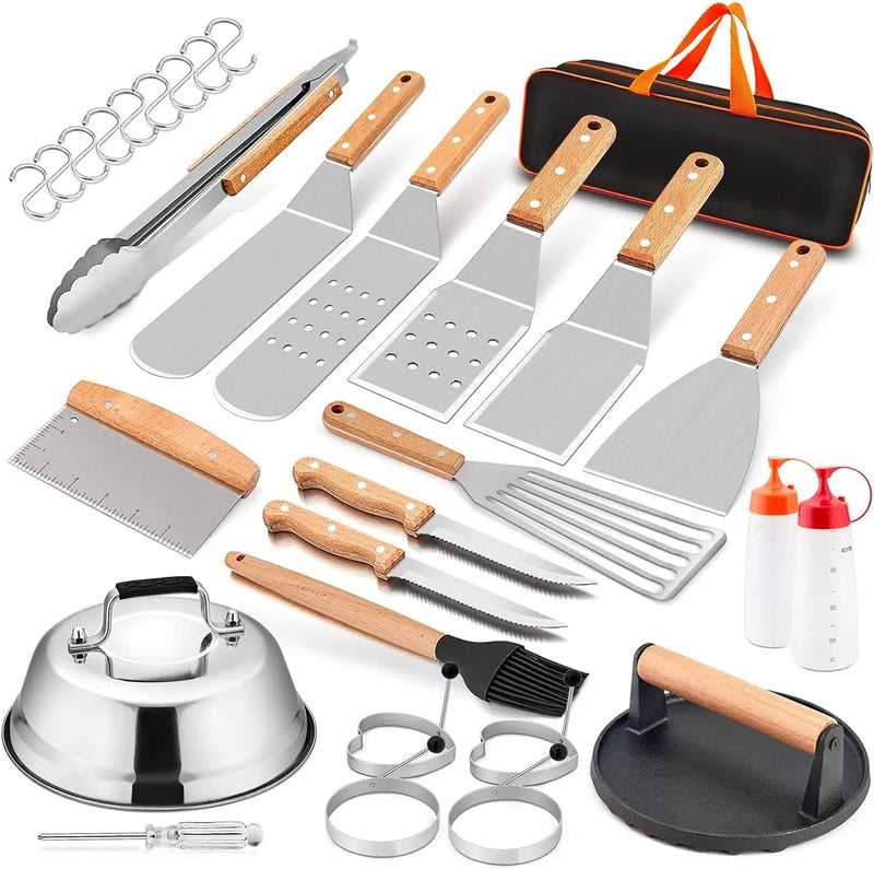 HaSteeL Griddle Accessories Set of 20, Complete Stainless Steel Griddle Spatula Tools with 9” Melting Dome, Heavy Duty Metal Spatulas Choppers Cast Iron Grill Press for Flat Top Teppanyaki BBQ Outdoor by GreenHaven Gardens