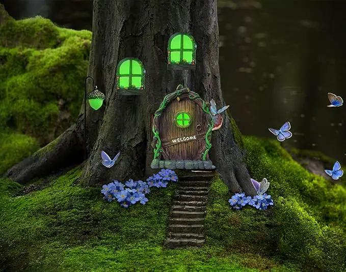 Resin Miniature Fairy Gnome Home Windows and Welcome Door with Fairy Lantern,Glow in Dark Art Sculpture for Trees Outdoor Indoor Garden Yard Wall Decorations by GreenHaven Gardens