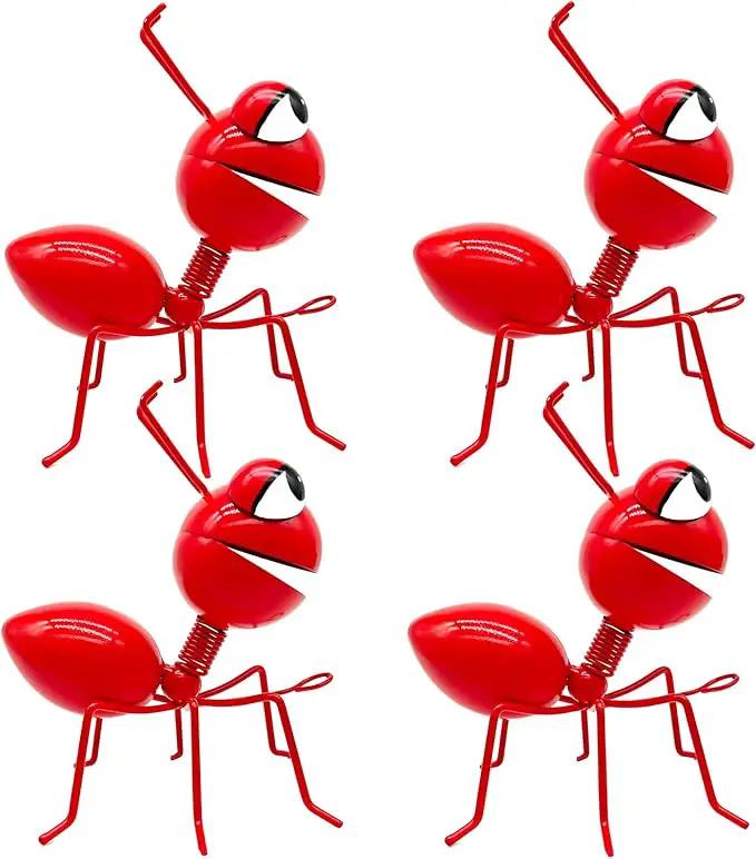Metal Yard Art Garden Decor Cute Ant Outdoor Wall Sculptures Patio Lawn Ornament Fence Decoraions - Set of 4 Red by GreenHaven Gardens