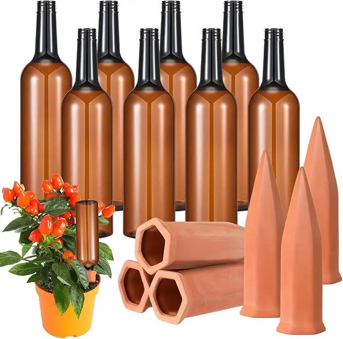 Baderke 16 Pcs 8 Set Plant Watering Devices, Terracotta Watering Spikes with 25 oz Plastic Wine Bottles, Slow Release Vacation Insert Automatic Plant Waterer Device for Indoor Outdoor by GreenHaven Gardens