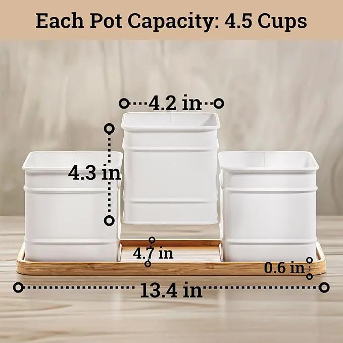 Herb Planter Indoor - 3 Iron Herb Pots with Drainage Holes, Varnished Bamboo Tray, Customizable Labels & Marker Pen - Indoor Herb Garden Planter - 3 Pots for Herbs - Inside Spice Garden - Basil Pot