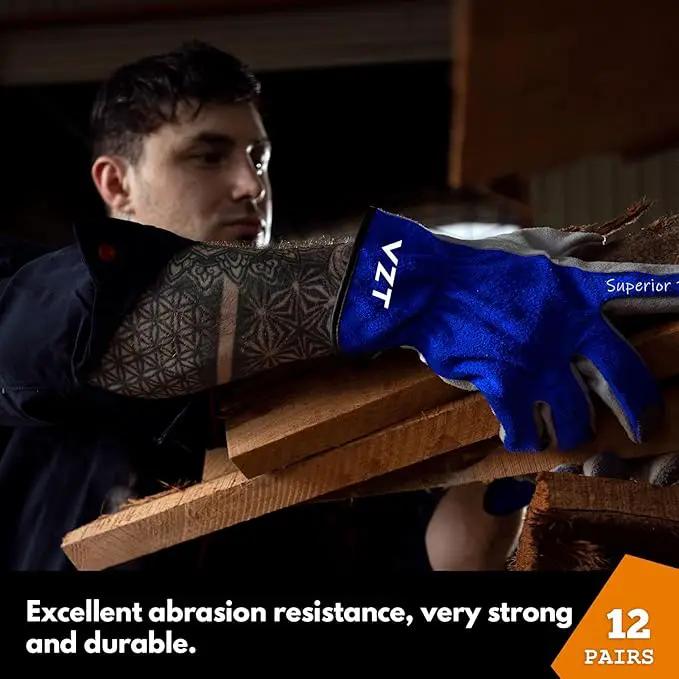 12 Pairs Bulk Leather Work Gloves for Men or Women for Construction, Wood cutting, Driving, Gardening, Automotive Repair, Water Resistant, Soft, Cowhide, Class 4 Abrasion Resistant, Blue-White, L by GreenHaven Gardens
