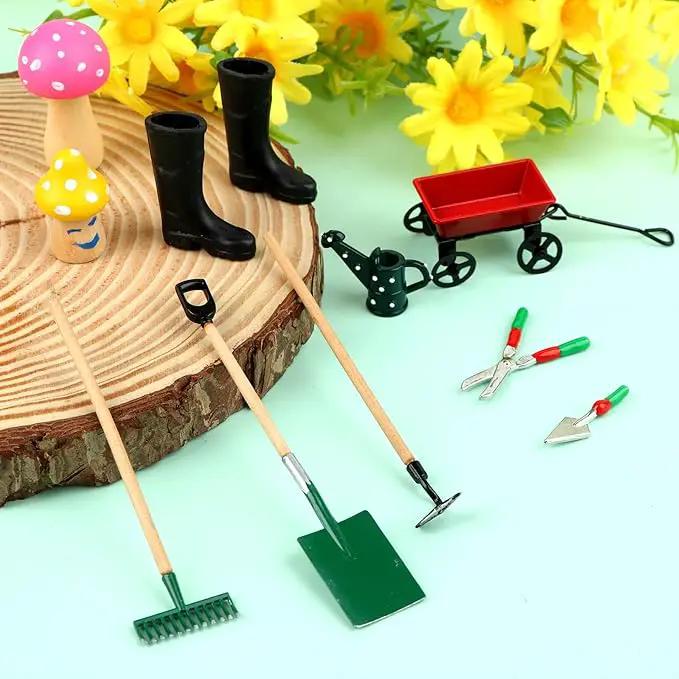 Miniature Fairy Garden Accessories Set 9 Pcs 1:12 Mini Metal Spade Pestle Kettle Wagon Rake Garden Watering Supplies Micro Landscape Ornaments Dollhouse Accessories by GreenHaven Gardens