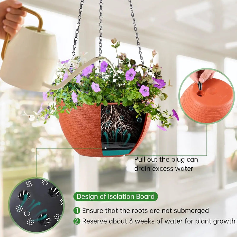 Hanging Planters for Indoor Outdoor Plants, Set of 2 Self Watering Hanging Pots with Drainage Hole & Plug and 20" Chain & Hooks by GreenHaven Gardens