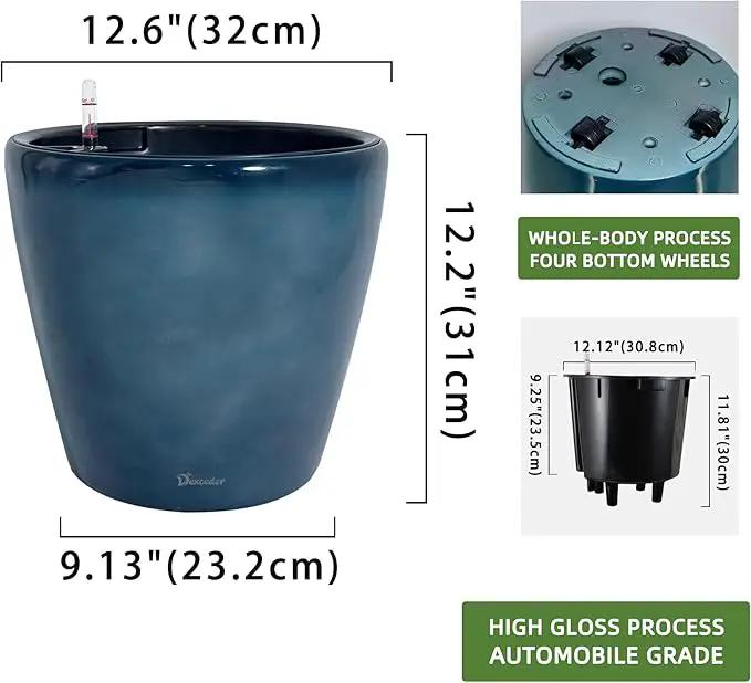 Dexceder 13x12 Self Watering Planter with Wheels Indoor Outdoor, Inner Pot Design, Thickened Large Floor Standing Flower Plant Pot with Water Level Indicator (Grayish Green Gradient) by GreenHaven Gardens