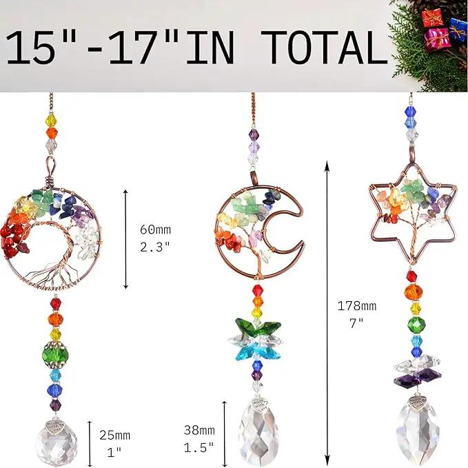 3pcs Rainbow Chakra Crystal Suncatcher Windows Hanging Tree of Life Sun Catchers Decor with Prisms for Car, Feng Shui Charms Decor for Home by GreenHaven Gardens