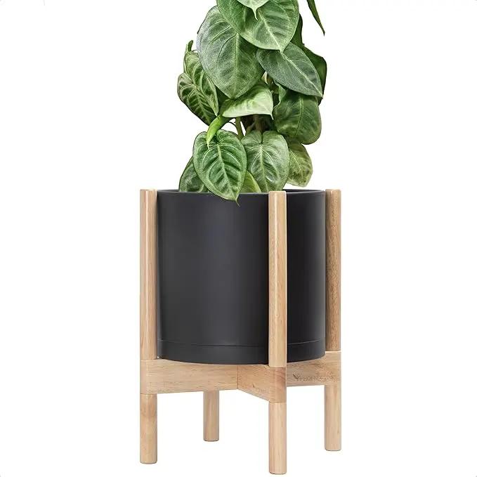 D'vine Dev Planter Pot with Stand - 10 Inch Plastic Cylinder Flower Pot with Wood Planter Holder for Indoor, Matte Black Pot + Natural Stand, 55-C-M-2 by GreenHaven Gardens
