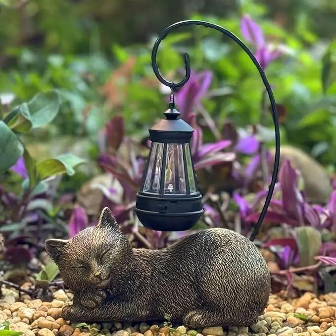 Cat Statue for Garden - 13' Sleeping Cat Figurines Solar Light Resin Garden Statues with Large Lantern Outdoor Waterproof Lawn Porch Ornament Decor, Gift for Mom by GreenHaven Gardens