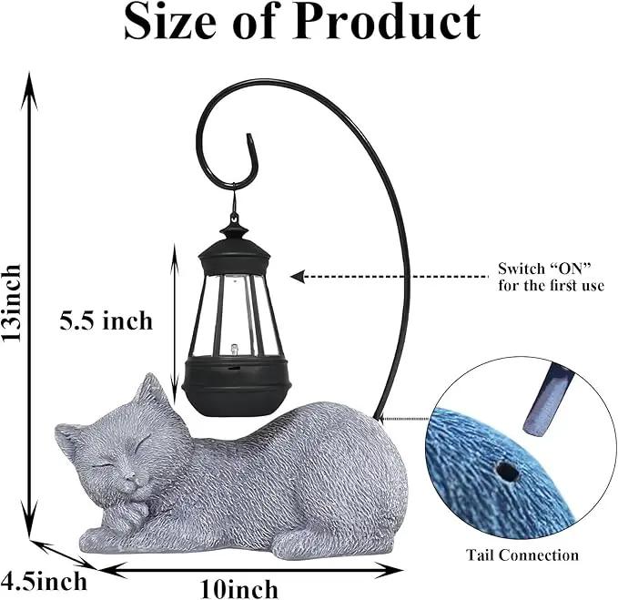 Solar Cat Garden Statue with Lantern, 13 Inch Tall Figurine for Outdoor Decor, Yard, Patio, Lawn and Porch, Solar-Powered Lights Sculpture by GreenHaven Gardens