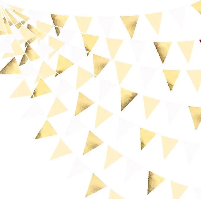White and Gold Party Decorations Gold Beige White Fabric Triangle Pennant Banner Flag Bunting Garland for Graduation Wedding Birthday Bridal Shower Anniversary Engagement Baptism Party Supplies by GreenHaven Gardens