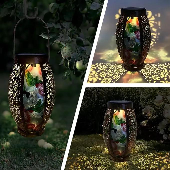 2PCS Hummingbird Solar Lanterns Glass & Metal Hanging Light Outdoor Waterproof 16" H Tabletop Lamp with Hollowed-Out Design with Shepherd's Hooks for Garden Patio Table Decor by GreenHaven Gardens