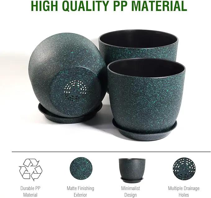 12/10/9 Large Modern Plant Pots, Plastic Planters with Drainage Holes and Saucers for Indoor Outdoor Plants Flowers, Black with Green Speckles by GreenHaven Gardens