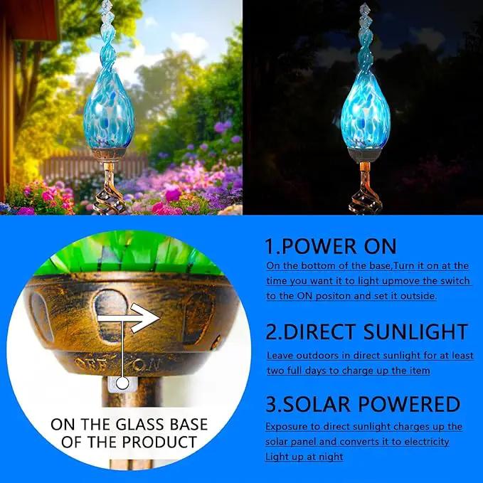 Garden Solar Light, Decorative LED Flame Garden Stakes, Hand Blown Glass and Metal Outdoor Decoration, 3 x 36 Inches (Light Blue) by GreenHaven Gardens