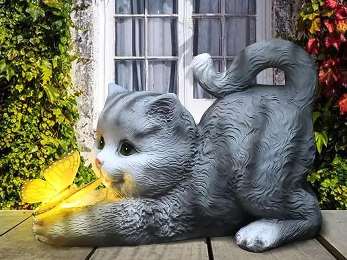 Solar Garden Statue Cat,Garden Figurine Outdoor Decoration with Cat Holding Butterfly for Yard,Patio,Lawn Art Decoration,Housewarming Gift by GreenHaven Gardens