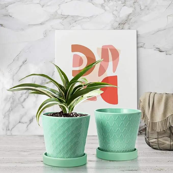 Plant Pots Indoor –5 in Ceramic Flower Pot with Drainage Hole and Ceramic Tray - Gardening Home Desktop Office Windowsill Decoration Gift, Set of 4 - Plants Not Included(Mint Green) by GreenHaven Gardens