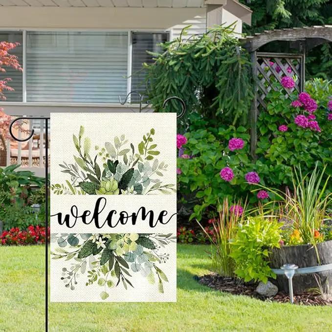 Spring Floral Welcome Garden Flag 12x18 Inch Double Sided Outside, Eucalyptus Seasonal Farmhouse Yard Outdoor Flag by GreenHaven Gardens
