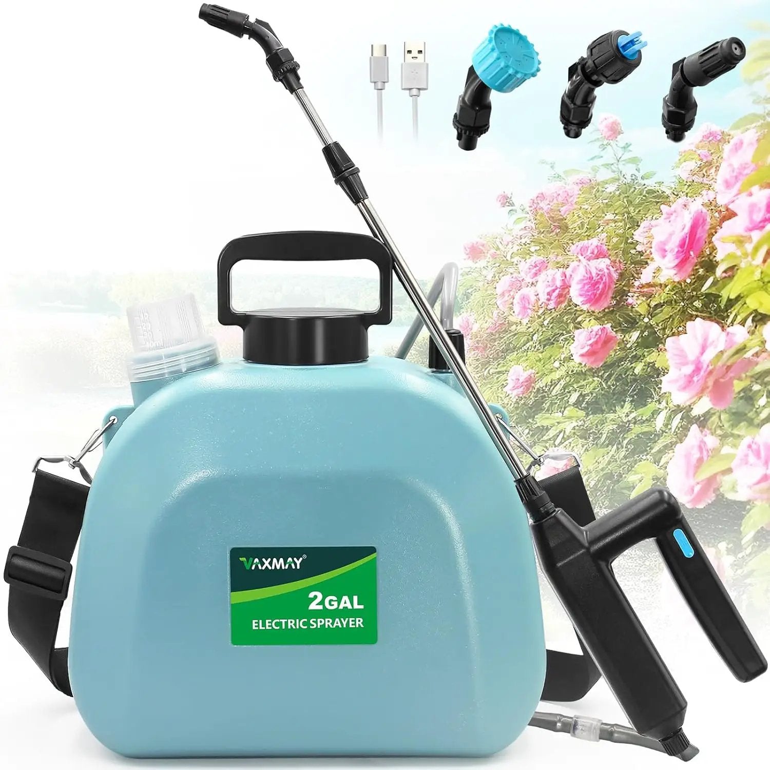 Battery Powered Sprayer 2 Gallon, Upgrade Powerful Electric Garden Sprayer with 3 Mist Nozzles, Rechargeable Handle, Retractable Wand, Adjustable Shoulder Strap for Lawn,Garden,Cleaning by GreenHaven Gardens