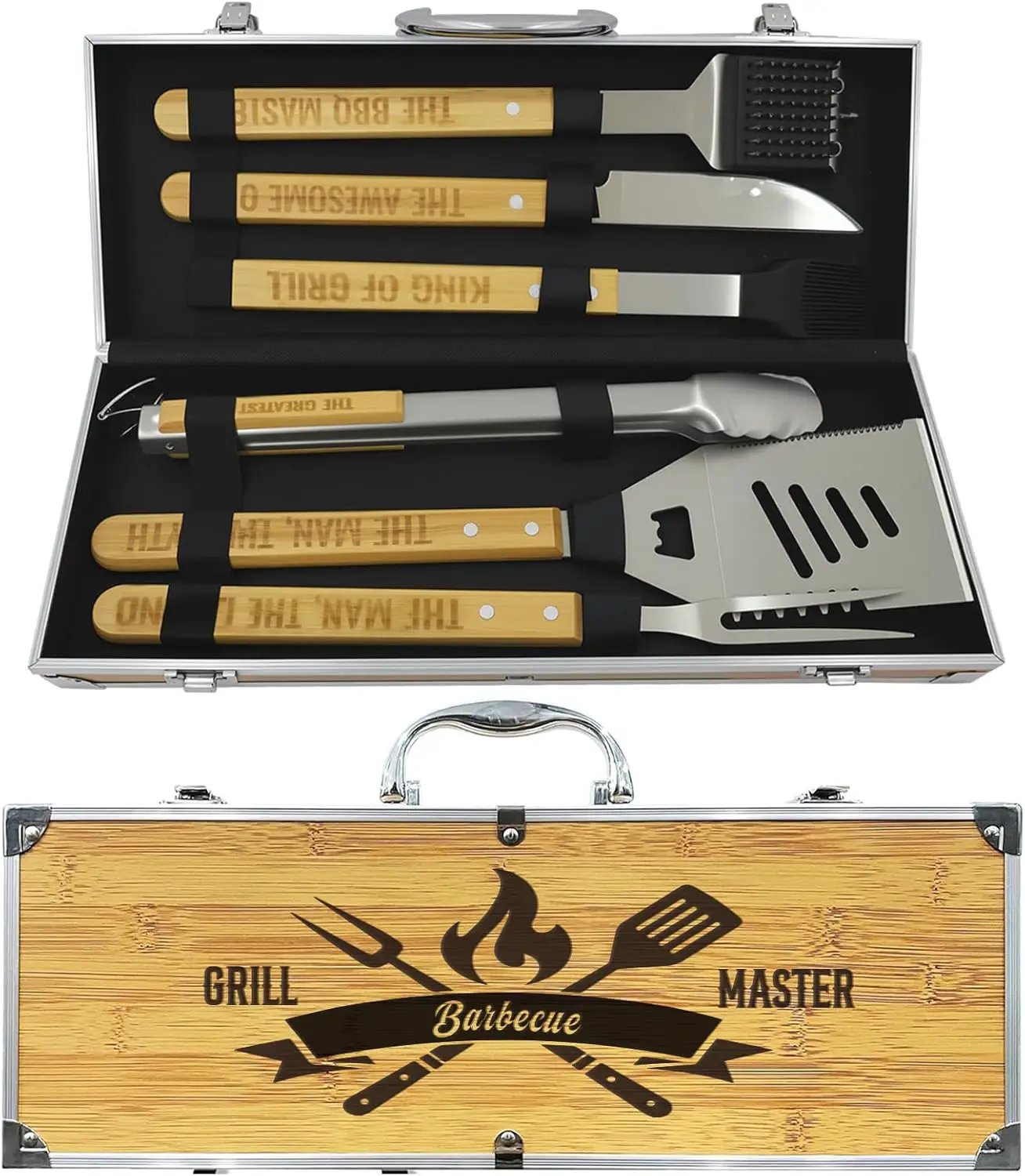 Grill Tool Set, Wooden Grilling Accessories, Heavy Duty Stainless Steel BBQ Grill Tools Set for Outdoor Grill with Spatula, Tongs Aluminum Case for Camping Backyard Barbecue, Grill Set for Men Women by GreenHaven Gardens