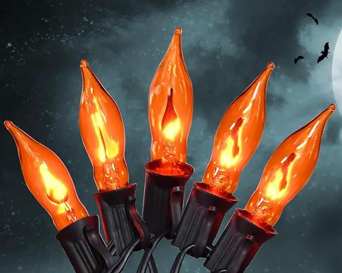 Flickering Flame String Lights Orange Halloween Lights with 10 Pack C7 Orange Flame Light Bulbs, 12.8Ft Orange Flame String Lights for Halloween Decorations for Home Party Yard by GreenHaven Gardens