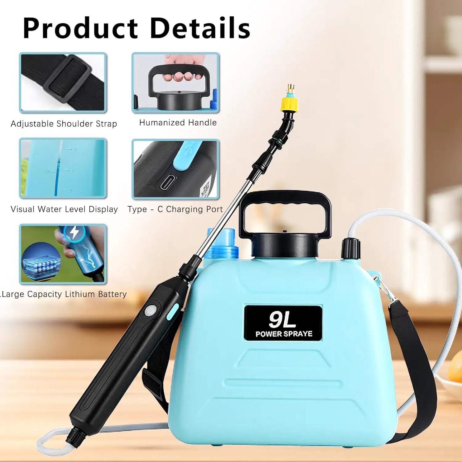 2.4 Gallon Battery Powered Sprayer, Electric Battery Operated Sprayer, Weed Power Sprayers in Lawn and Garden with Adjustable Shoulder Strap and Rechargeable Handle, 3 Mist Nozzles (Blue) by GreenHaven Gardens