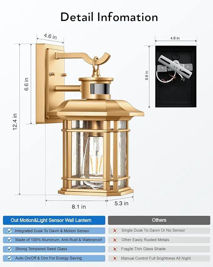 VIANIS Motion Sensor Porch Light, Gold Outdoor Light Fixture Dusk to Dawn, Outdoor Motion Sensor Light Wall Mount, Waterproof, Weather Resistant Carriage Lantern for House, Garage, Front Door by GreenHaven Gardens