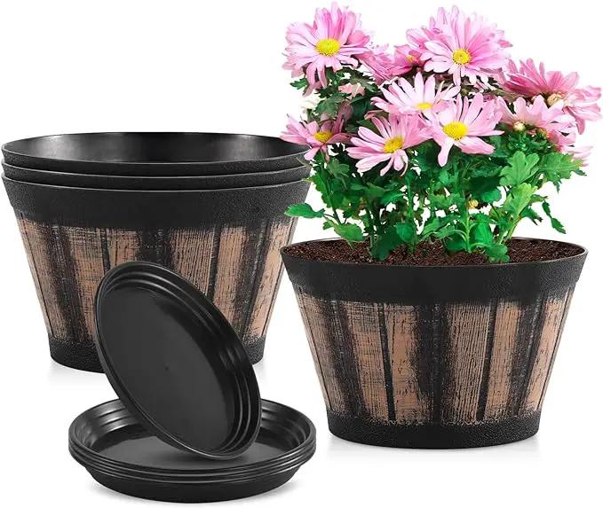 Quarut 8 inch Brown Plastic Whiskey Barrel Plant Pots Set of 4 with Drainage Holes and Saucer for Indoor and Outdoor Garden Home Plants by GreenHaven Gardens