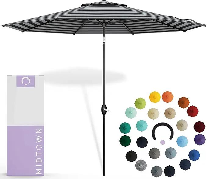 Midtown Umbrellas Sunbrella Umbrella 9 Feet Outdoor Umbrella With Black & White Acrylic Fabric - Auto-Tilt Aluminum Frame Patio Umbrella For Backyard, Deck, Garden, Pool - Black Pole by GreenHaven Gardens