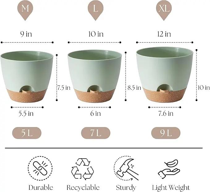 Plant Pots 12/10/9 inch Set of 3, Self Watering Flower Pots Indoor Outdoor, Planters with Drainage Hole Saucer Reservoir, Green by GreenHaven Gardens