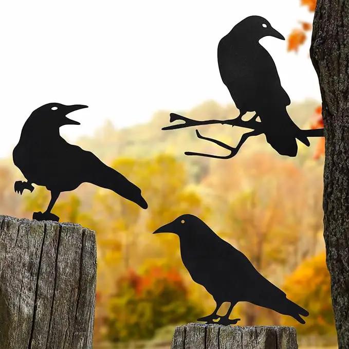Qmetalart Raven Halloween Decor Outdoor Crow Yard Art Exterior Rustic Metal Black Bird Mini Garden Ornament Fence Topper Gothic Home Decor Outdoor Gate Post Sculpture Witchy Gift by GreenHaven Gardens
