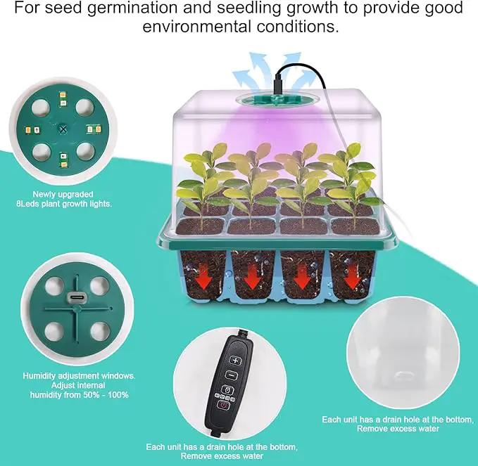 Seed Starter Tray with Grow Light, Plant Germination Starter Kit Seed Starter kit with Humidity Dome and Base for Greenhouse Grow Wheatgrass Hydroponic (Timed Seedling Tray) by GreenHaven Gardens