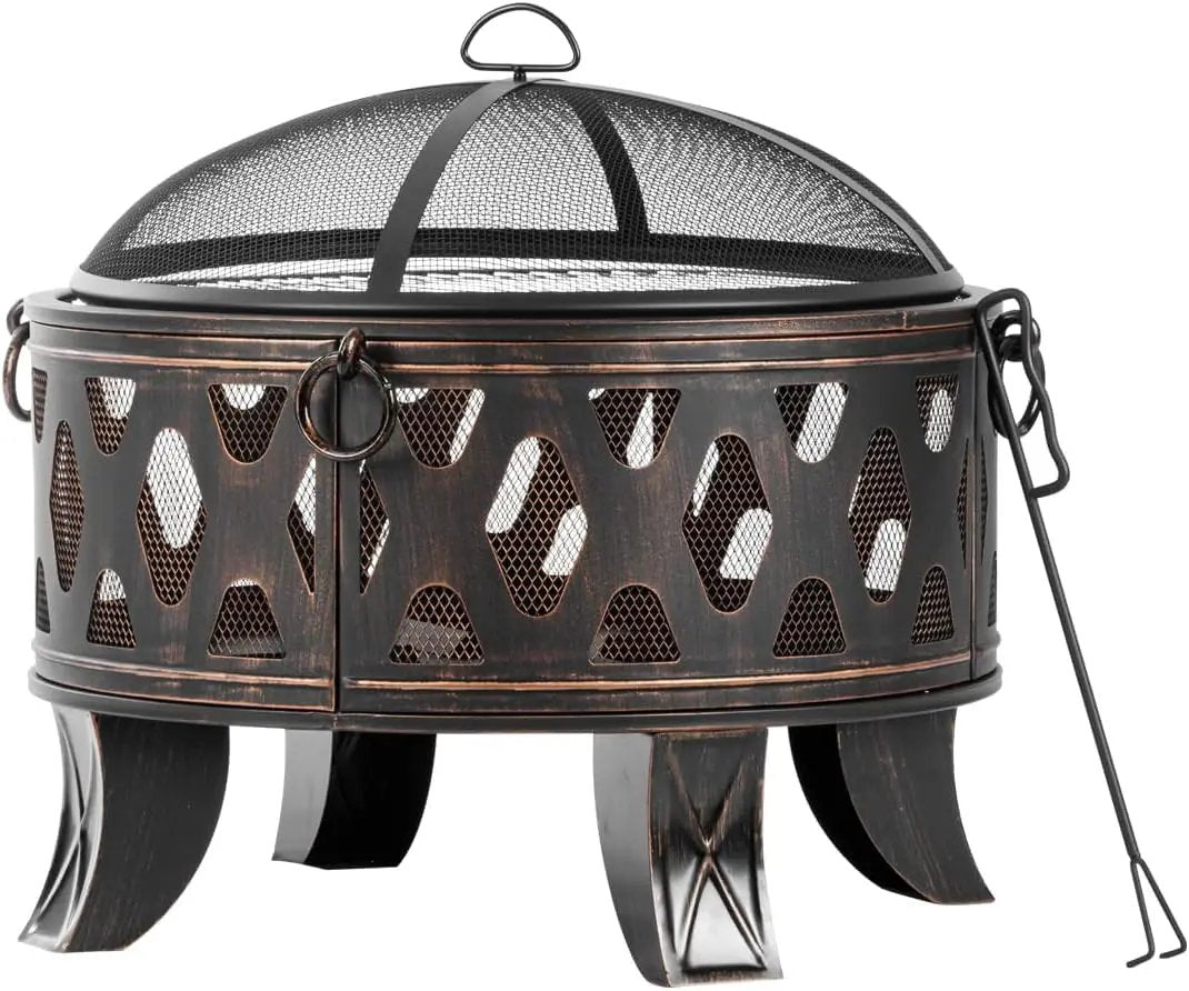 Breezz 26 Inch Wood Burning Fire Pit with Cooking Grill and Spark Screen, Outdoor Metal Round Firepit for Patio, Backyard, Bonfire Party, Camping and Garden by GreenHaven Gardens